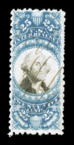 R112c, 25c Blue and black, perf. 8, rich colors, light ms. cancel, a very fine example of this most elusive variety.