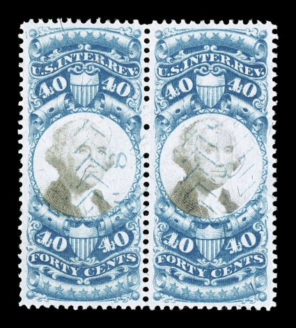 R114, 40c Blue and black, horizontal pair, excellent centering, fresh color, light blue herringbone cancel, choice very fine the Curtis census records only three other
multiples of this stamp (two pairs and a strip of four).