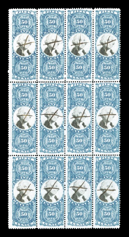 R115, 50c Blue and black, block of twelve (4x3), deep intense colors and impressions, ms. X cancels, two small thin spots, otherwise fine the largest recorded multiple of this
revenue.