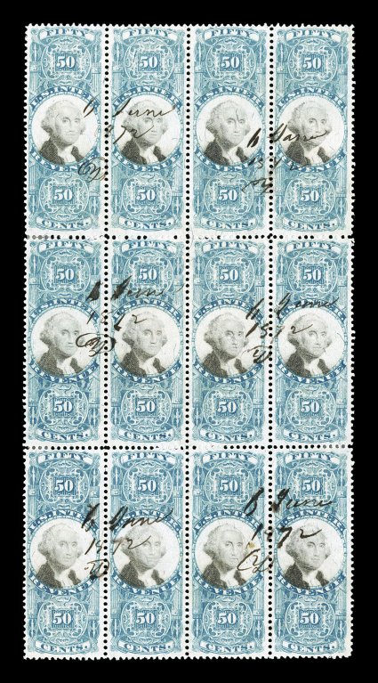 R115, 50c Blue and black, another block of twelve (4x3), light 1872 ms. cancels, mild horizontal crease through the middle row, otherwise fine the largest known
multiple.