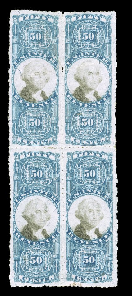 R115a, 50c Blue and black, sewing machine perforations, mint block of four, fresh color, full original gum, few creases and faint thin spots, trivial soiling at bottom right,
very fine appearance an exceedingly rare block, being one of only t