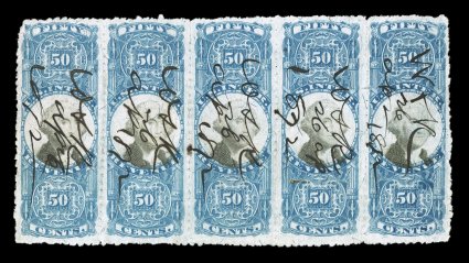 R115a, 50c Blue and black, sewing machine perforations, horizontal strip of five, strong color, 1872 ms. cancels, faint hint of a crease on the fourth stamp, otherwise very
fine a very rare multiple, with just one larger (strip of seven) record