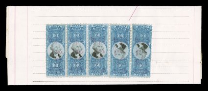 R116, 60c Blue and black, horizontal strip of three and two singles on back of 1872 mortgage document, cancelled by light red ms., stamps nicely centered and fresh, light
horizontal file fold through the stamps, very fine appearance catalog