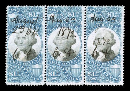 R119, $1.30 Blue and black, horizontal strip of three, strong rich colors, 1872 ms. cancels, fine this is the largest known multiple, being the only one larger than a pair, and
even pairs are very scarce, with only three recorded in the Cur