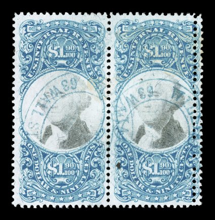 R122, $1.90 Blue and black, horizontal pair with extra vertical perforations at right, fresh color, light blue handstamped cancels, small faults including a faint stain,
fine-very fine appearance one of only four recorded pairs, which is
