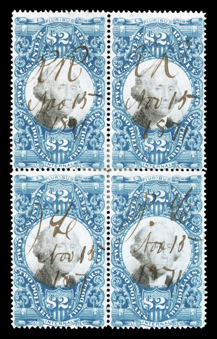 R123, $2.00 Blue and black, block of four, rich vibrant colors, 1871 ms. cancels, fine this is actually the largest block of this value, being one of ten blocks of four
recorded.