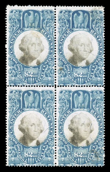 R124, $2.50 Blue and black, mint block of four, with full original gum, faint stain at bottom right, a couple tiny pinholes, fine appearance only seven blocks of any size have
been recorded.