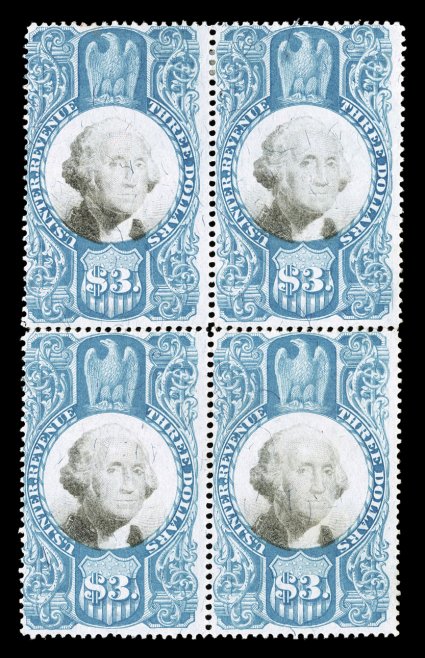R125, $3.00 Blue and black, unused block of four, warm rich color, fine actually a rare and undervalued block, as only three blocks of any size of the Three Dollar Second Issue
are known ex-Eagle, Turner.