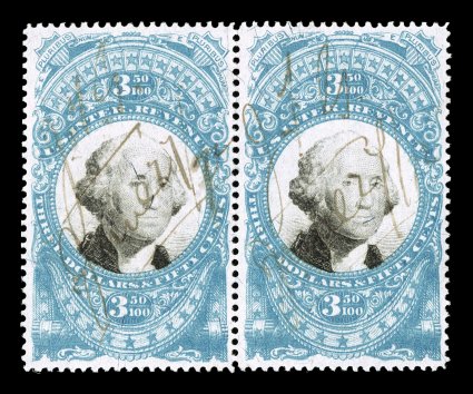 R126, $3.50 Blue and black, horizontal pair, exceptionally well centered, fresh color, light ms. cancel, very fine a handsome pair that is also the largest known
multiple.