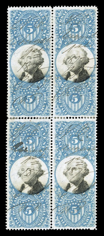 R127, $5.00 Blue and black, block of four, attractive color, well centered, light 1872 ms. cancel, very fine obviously undervalued in Scott, as only two blocks of any size are
recorded (the other being a block of twelve) ex-Turner.