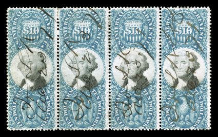 R128, $10.00 Blue and black, horizontal strip of four, strong colors, 1871 ms. cancels, a few tiny imperfections, otherwise fine and quite scarce ex-Turner.