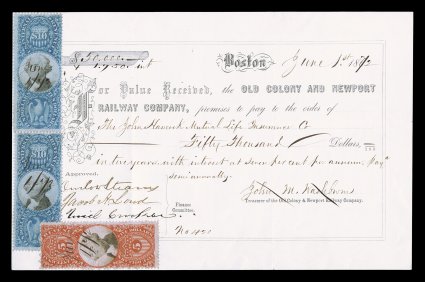 R128, $10.00 Blue and black, vertical pair along with $5.00 Third Issue (R148) used on 1872 Old Colony and Newport Railway Company document, stamps with rich color, light file
folds affect the top stamp and the $5.00 stamp, otherwise very fine