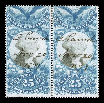 R130, $25.00 Blue and black, horizontal pair, strong rich colors, neat 1871 ms. cancels, right stamp with tiny thin, otherwise fine only two larger multiples exist (a strip of
three and block of four) ex-Holcombe.