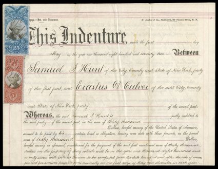 R130, $25.00 Blue and black, single along with $5.00 Third Issue (R148) on 1872 mortgage document, the mortgage being $30,000.00 for a property at 34 St. and 6th Ave. in
Manhattan, stamps with deep rich colors, ms. cancels, fine-very fine cata