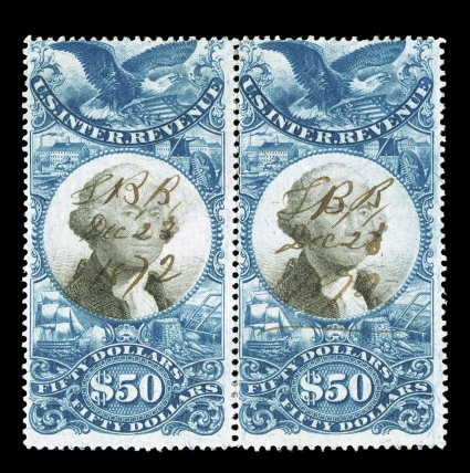 R131, $50.00 Blue and black, horizontal pair, deeply rich colors, 1872 ms. cancels, couple minor wrinkles, left stamp with a thin, fine appearance only one larger multiple
exists (a strip of four).