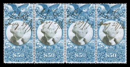 R131, $50.00 Blue and black, horizontal strip of four, lovely colors, neat 1872 ms. cancels, faint trace of a vertical crease in second stamp, fine an important second issue
showpiece, as this is the sole multiple of the Fifty Dollar Second I