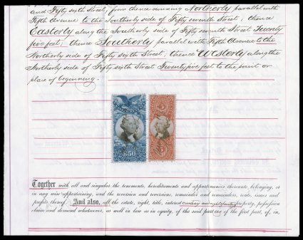 R131, $50.00 Blue and black, deeply rich color, fine centering, used on 1872 warranty deed, along with $5.00 Third Issue (R146), ms. cancels, stamps and document are
exceptionally fresh, overall very fine cataloged simply as a used stamp.