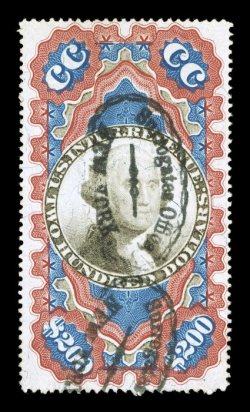 R132, $200.00 Red, blue and black, Small Persian Rug, an outstanding used example of this popular stamp, being cancelled solely by fancy oval handstamps of the Surrogates
Office, New York, and not the typical cut or heavy ms. cancel found