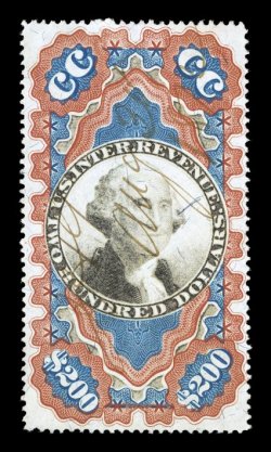 R132, $200.00 Red, blue and black, Small Persian Rug, an exceptional quality used example, being completely sound, as well as possessing lovely bright colors and crisp
impressions, well centered, light 1872 ms. cancel, very fine the Small Per