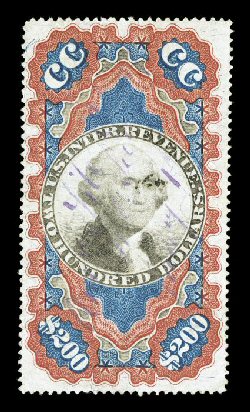 R132, $200.00 Red, blue and black, Small Persian Rug, a highly desirable used example, brilliantly rich colors and sharp impressions, well centered, light violet ms. cancel as
well as small black dots, the only imperfection is a tiny trace