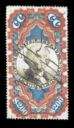 R132, $200.00 Red, blue and black, Small Persian Rug, well centered, strong rich colors, 1872 ms. cancel, small thin spots, very fine appearance.