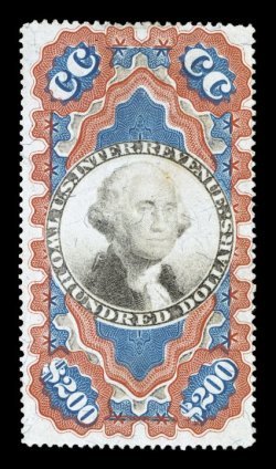 R132, $200.00 Red, blue and black, Small Persian Rug, attractive colors, very faintly cancelled, light crease at bottom left, tiny rust spot on Washingtons forehead, fine
appearance.