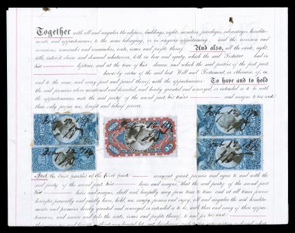 R132, $200.00 Red, blue and black, Small Persian Rug, used on two-part deed, along with $50.00 (R131, single and pair), $10.00 (R128), as well as a $3.00 (R125) used on the
other portion, used in New York, with ms. 1872 cancels, the Persian Ru