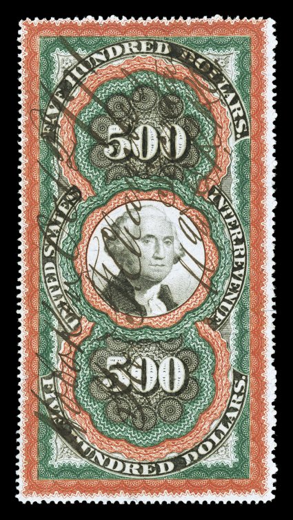 R133, $500.00 Red orange, green and black, Large Persian Rug, rich vibrant colors on fresh white paper, ms. Morris and Essex Railroad Co. 1871 cancel, horizontal crease, very
fine appearance this was originally on a mortgage document with