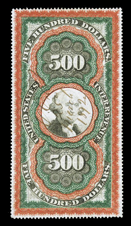 R133, $500.00 Red orange, green and black, Large Persian Rug, excellent centering, strong bright colors and crisp detailed impressions, light 1872 ms. and a light embossed
cancel at bottom left. small thin at bottom and tiny closed tear at lef