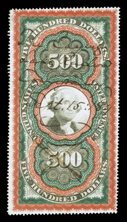 R133, $500.00 Red orange, green and black, Large Persian Rug, exceptionally well centered and margined, rich bright color, ms.Cayuga Lake Railroad Co. 1871 cancel as well as a
ms. X through the bottom 500, couple creases, very fine app