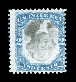 R104a, 2c Blue and black, Center Inverted, bright colors, light embossed cancel just breaks the paper in a few places, fine a highly collectable example of one of the key
inverted centers of the Second Issue.