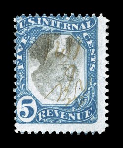 R107a, 5c Blue and black, Center Inverted, a completely sound example of this elusive invert, deeply rich colors and sharp impression, light 1871 ms. cancel, fresh and nearly
fine.