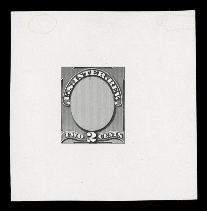 Turner Essay 3a, 2c U.S. Inter. Rev., incomplete die essay, black on heavy white glossy paper, 58x60mm, showing die sinkage and a faint trace of an albino impression of the 5c
design (this die was originally a combination of two designs), tiny th