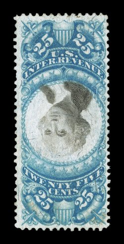 R112a, 25c Blue and black, Inverted Center, exceedingly well centered, especially for this rare invert, bright colors, minute trace of a cut cancel, small central thin spot and
a faint toned spot at bottom right, very fine appearance a most des