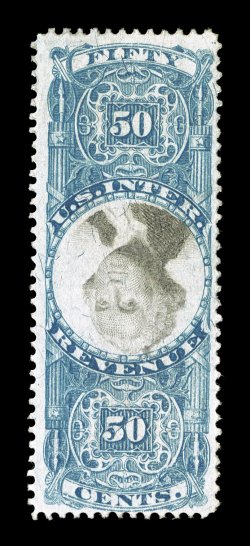 R115b, 50c Blue and black, Inverted Center, rarely seen mint example, still retaining part of its original gum, attractive colors, fine.