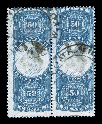 R115b, 50c Blue and black, Inverted Center, very scarce horizontal pair, deep colors, handstamp c.d.s. as well as filled in punch cancels, fine.