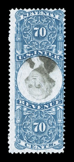 R117a, 70c Blue and black, Inverted Center, fresh colors, light herringbone cancel, trivial faint crease at bottom right, fine only about 30 examples of this invert
exist.
