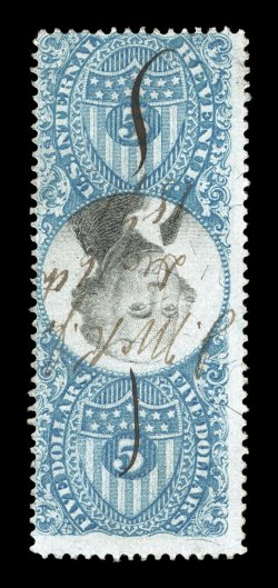 R127a, $5.00 Blue and black, Center Inverted, fresh colors, with an 1871 ms. cancel rather than the less desirable punch cancel, a fine example that is completely free of the
faults that are found on the vast majority of this inverted center.