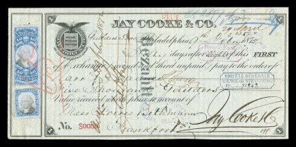 Foreign Exchange checks with mixed U.S. and German revenues, three checks with U.S. revenue stamps on front and German revenue stamps on reverse, one with 2c and 40c Second
Issue tied by light staple holes and crayon mark, one with 4c and 40c Thi