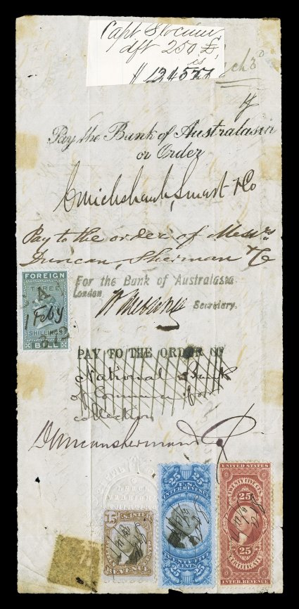New Zealand foreign exchange checks with U.S. revenues, four checks originating in New Zealand, one with 8p Blue revenue tied, two with Great Britain revenue stamps, and all
four have embossed revenue stamps of New Zealand ranging from 8p to 18,