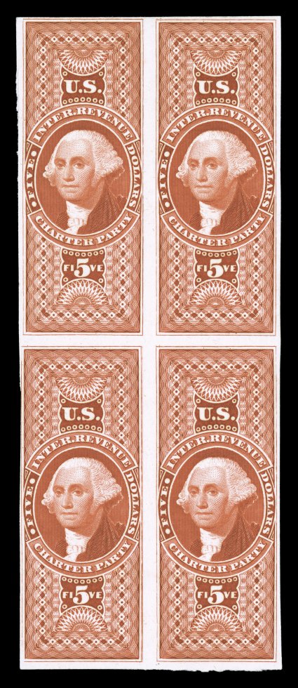 R88P4 var., $5.00 Charter Party, double frame line at right, the variety being the bottom left stamp in a block of four, deep intense color, close to large margins all around,
very fine while Scott lists the basic stamp (R88) with this variety
