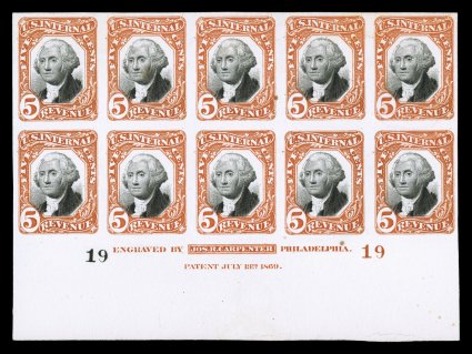 R137P4, 5c Orange and black, plate proof on card, bottom margin imprint and two plate no. 19 block of ten, strong rich color, full margins, a couple trivial age spots, very
fine.