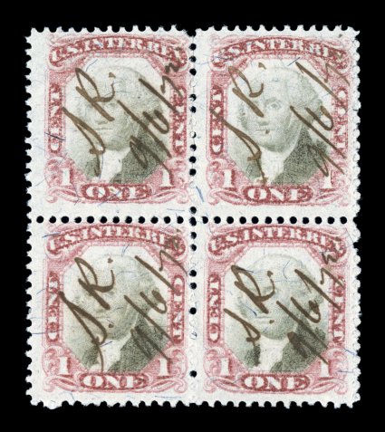R134, 1c Claret and black, scarce block of four, fresh colors, 1872 ms. cancels, fine-very fine.