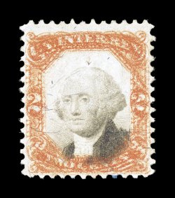 R135 var., 2c Orange and black, double impression of the frame, with two distinct impressions of the orange frame, strong colors, appears unused, two tiny pinholes (may be from
a canceling device), otherwise very fine an exceedingly rare error.
