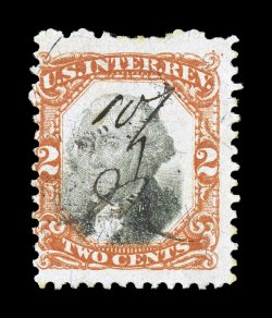 R135a, 2c Vermilion and black, error of color, deep intense color in the unmistakable error color, razor-sharp impression, light ms. cancel, a fine example of this elusive
variety 1975 PF certificate.