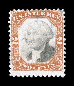 R135a, 2c Vermilion and black, error of color, another used example, bright fresh color, light blue herringbone cancel that does not break the paper, small thin spot, fine
appearance clear 1975 PF certificate.