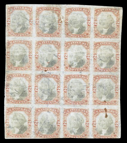 R135c, 2c Orange and black, imperforate, block of sixteen (4x4), lightly cancelled, faults, nonetheless a highly collectable items, as there is only one other Two Cent Orange
and Black Imperforate known, that being a horizontal pair listed