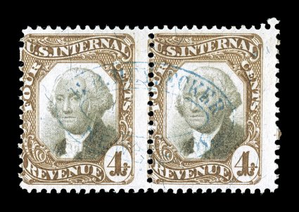 R136, 4c Brown and black, horizontal pair, rich colors, light blue oval handstamped cancel, fine a pair is the largest known multiple of this stamp, with only about ten
recorded.