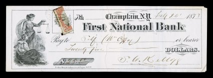 R137 var., 5c Orange and black, half used as 2c, left half used on 1873 check of First National Bank, Champlain, N.Y. (same correspondence as the second issue bisect - lot
548), tied by herringbone cancel and dated handstamp, slight gum soaking,