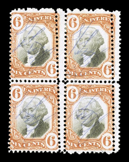 R138, 6c Orange and black, block of four with double vertical perforations, attractive colors, light blue ms. cancels, bottom left stamp with small thin, otherwise fine the
largest recorded multiple, being one of four blocks known and a